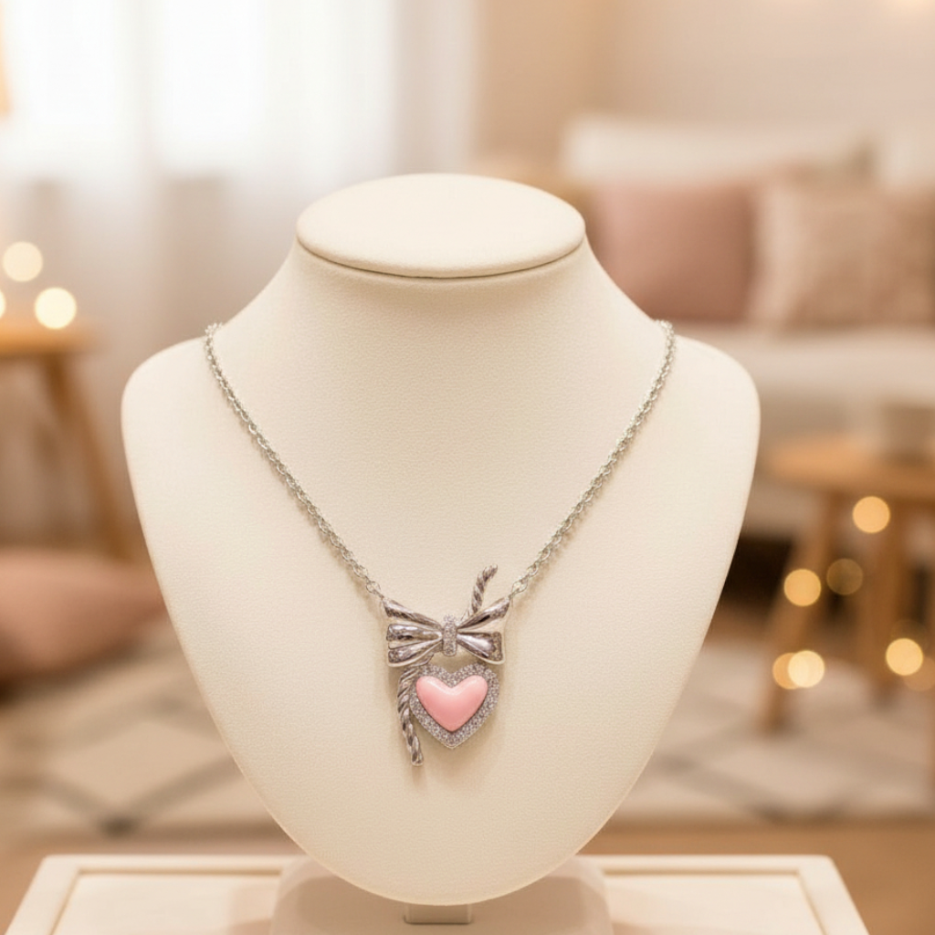 Necklace with a heart and bow pendant on a mannequin bust in a blurred indoor setting