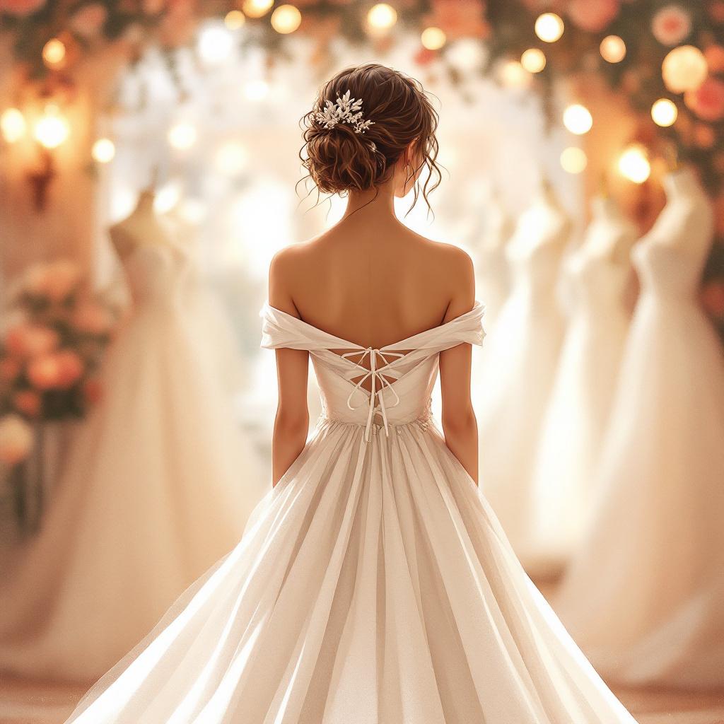 Woman in a white wedding dress standing in a bridal shop with mannequins and floral decorations.