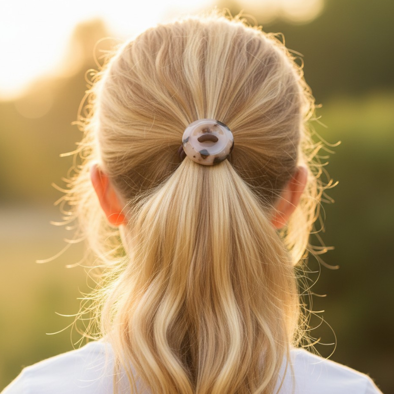 Person with blonde hair tied back with a decorative hair tie against a blurred natural background
