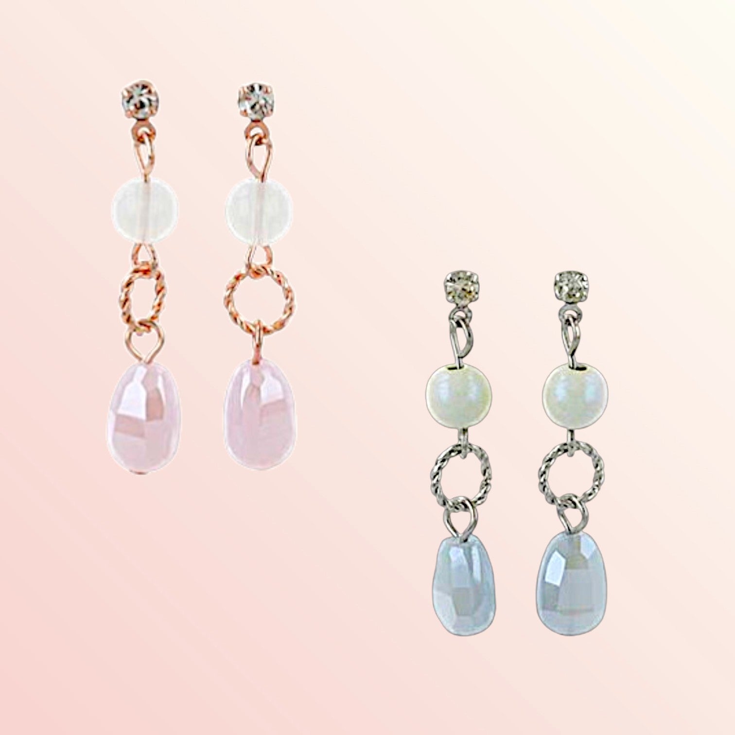 Pair of earrings with gemstones on a soft pink background
