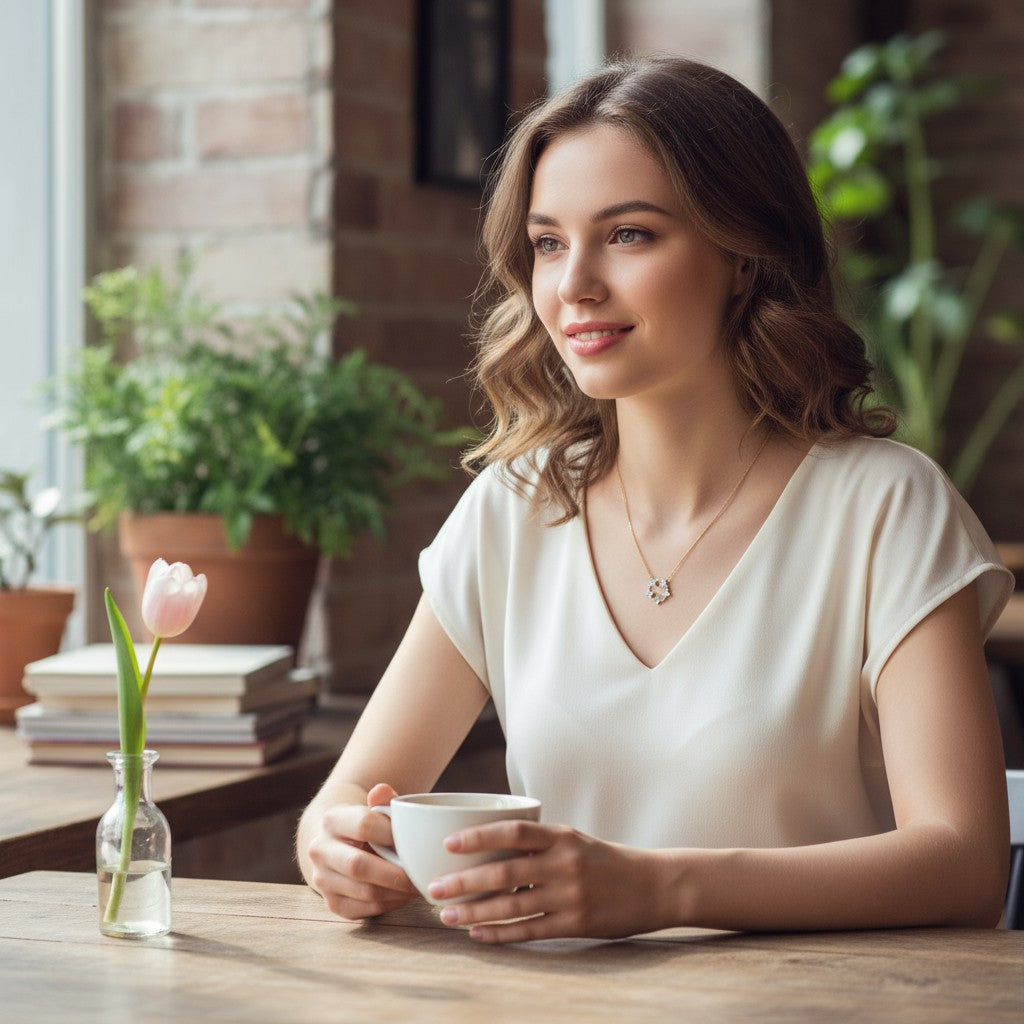 Woman holding a cup of coffee in a cozy indoor setting with plants and books.