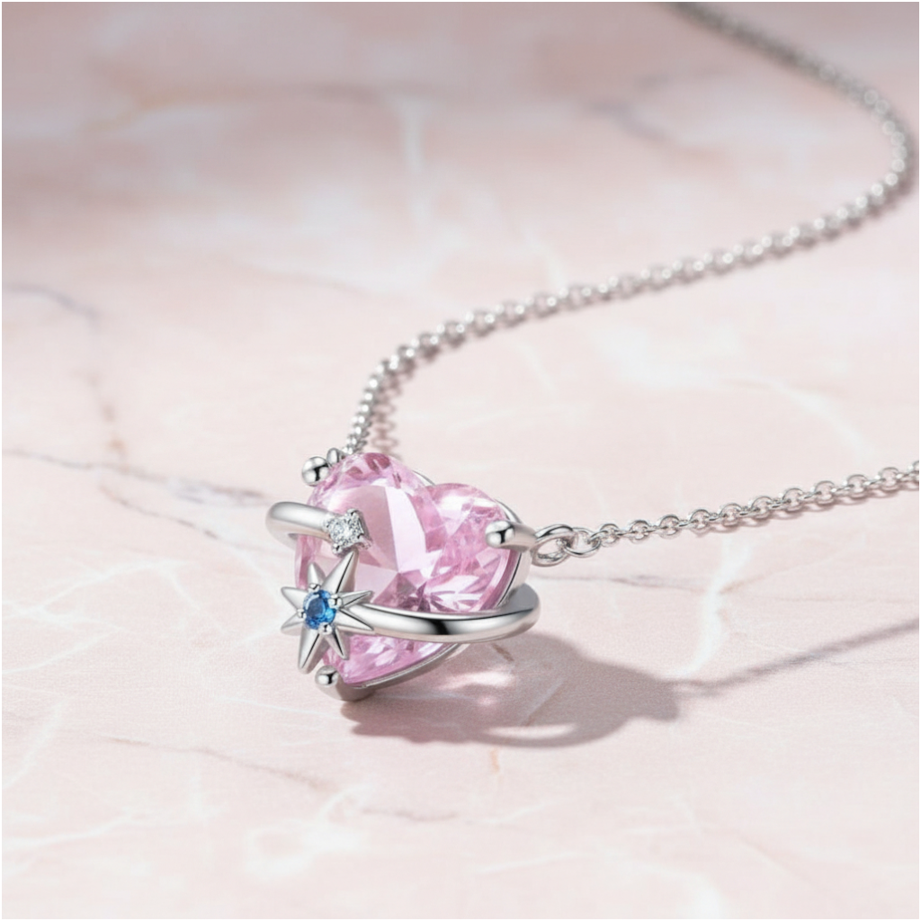 Necklace with a pink heart-shaped pendant on a light pink background