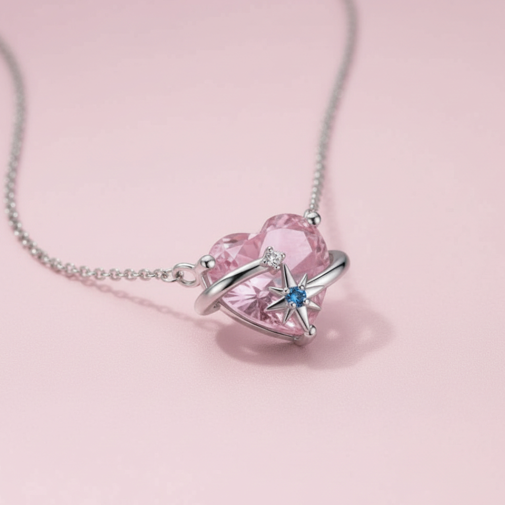 Heart-shaped pink gemstone necklace with star design on a pink background