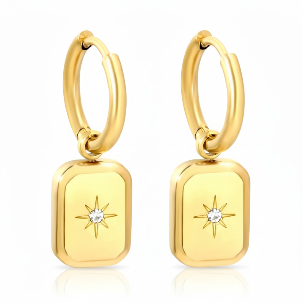 Gold stainless steel hoop earrings with rectangular North Star charms and sparkling center stones.