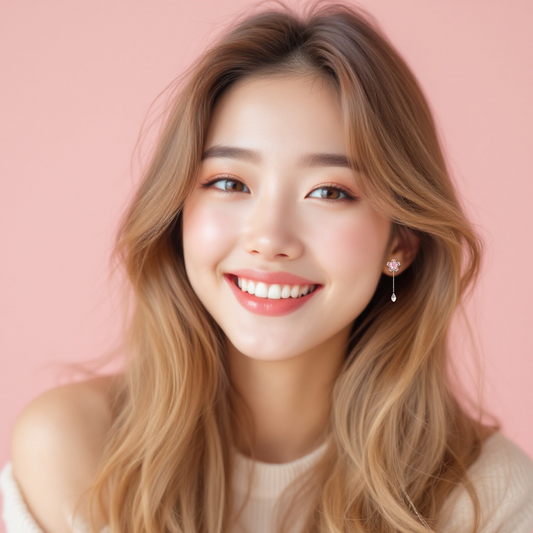 Woman with long wavy hair smiling against a pink background wearing a bows and knots Co. earring