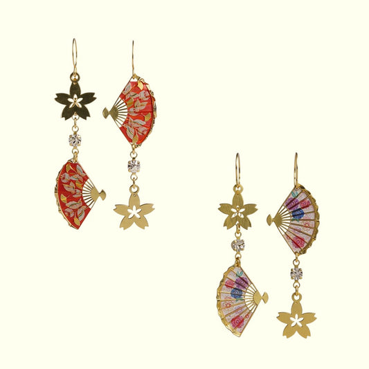 Pair of decorative earrings with floral and fan designs on a white background