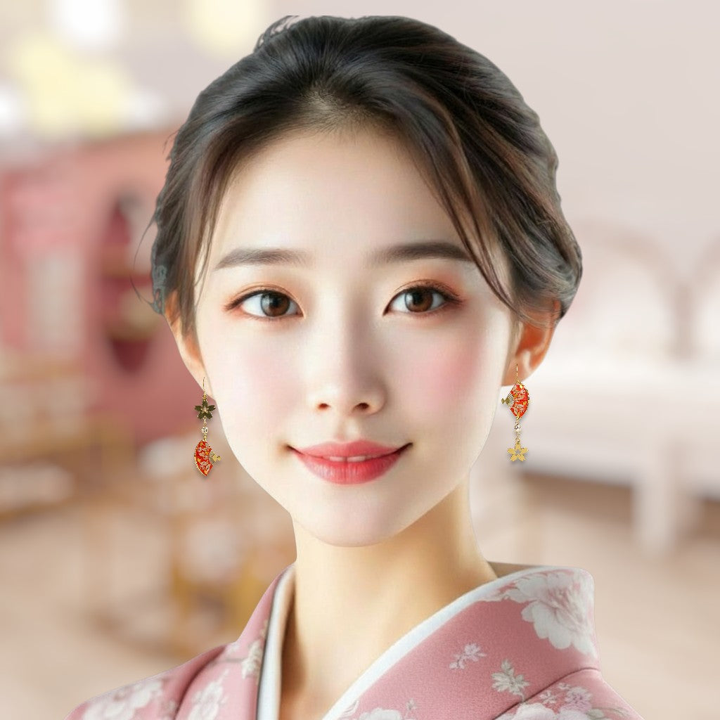 Woman wearing a traditional Japanese outfit with floral patterns and red earrings against a blurred background