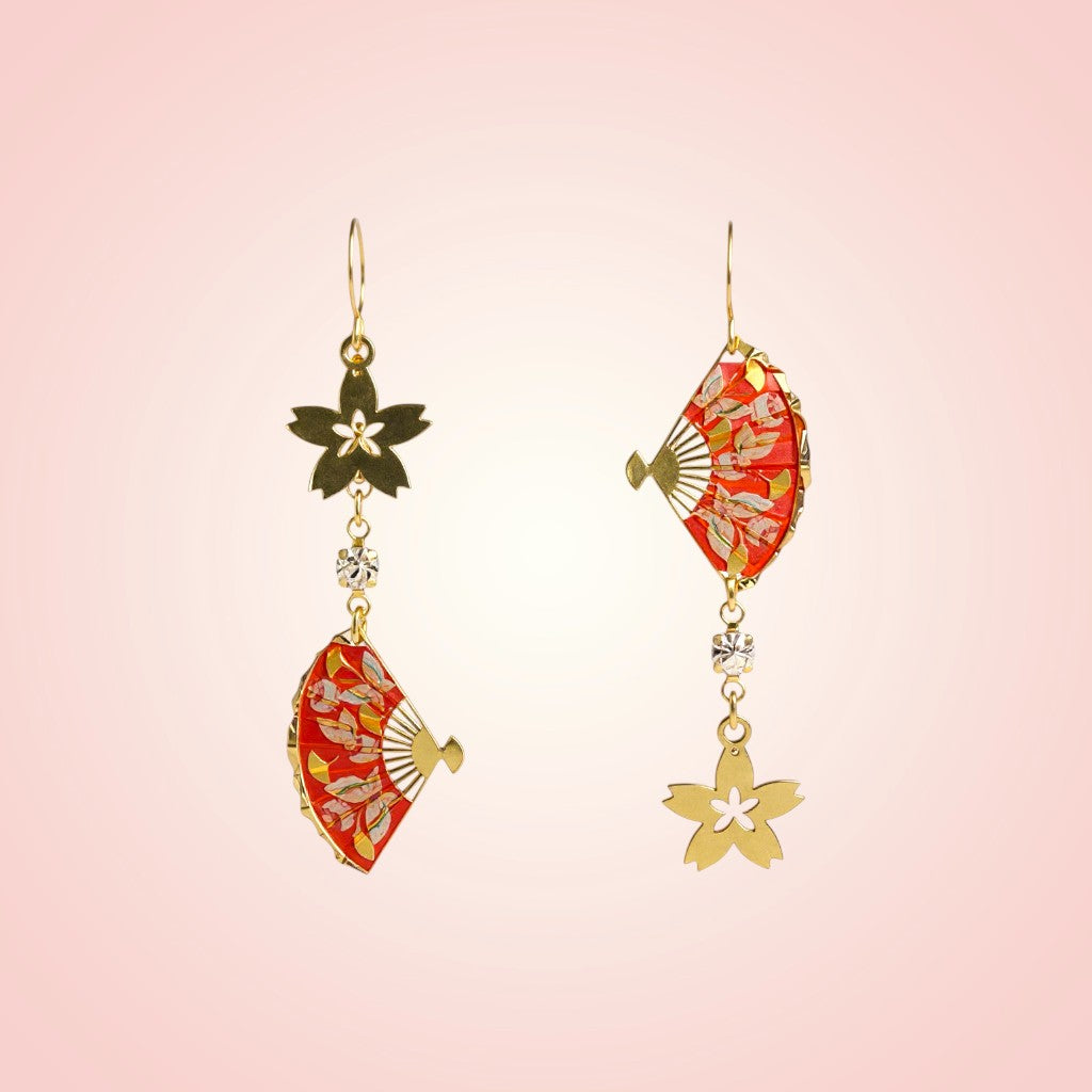 Pair of earrings with floral designs on a pink background