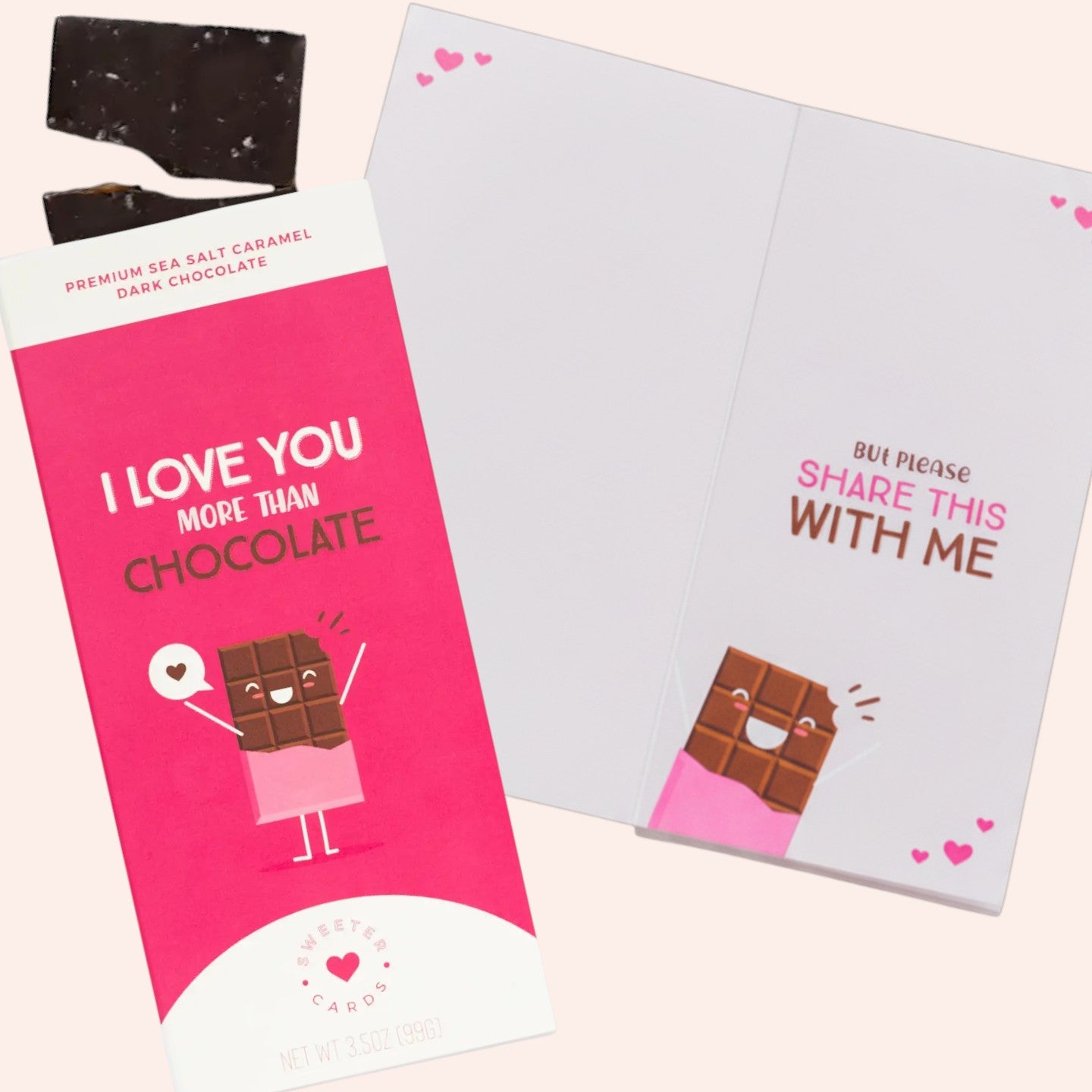 Two chocolate bars with packaging featuring humorous text and graphics on a light pink background.