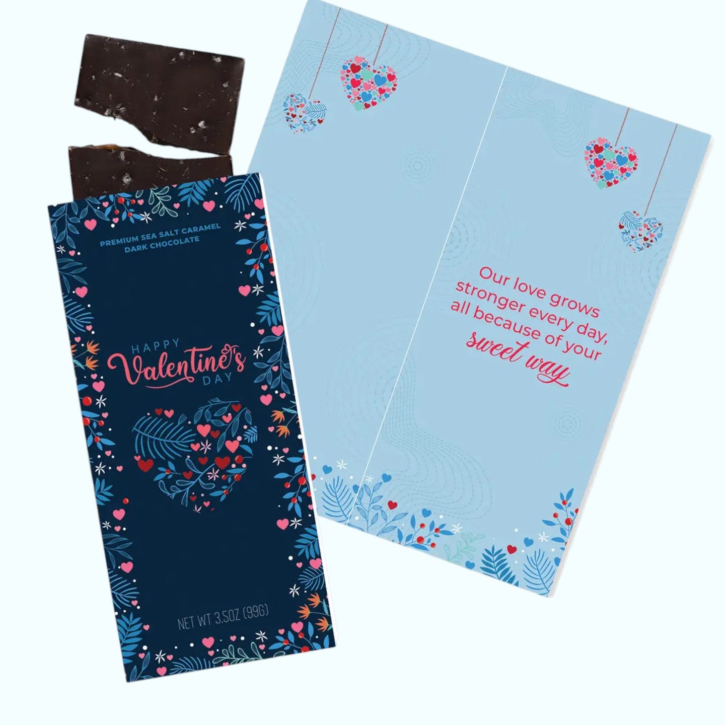 Chocolate bar with decorative packaging featuring Valentine's Day designs on a white background.