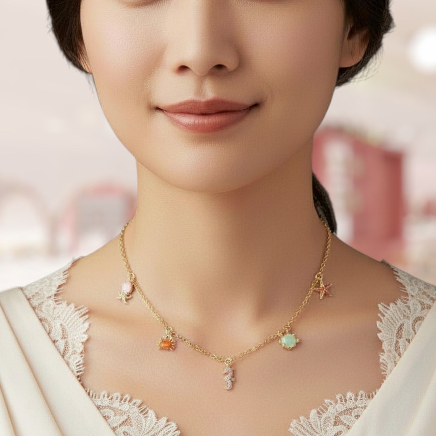 Woman wearing a delicate gold necklace with small charms against a blurred background