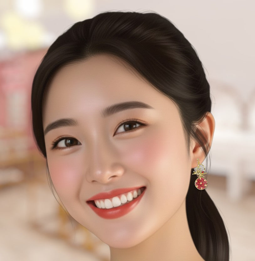 Close-up of a woman wearing a colorful earring with a blurred background