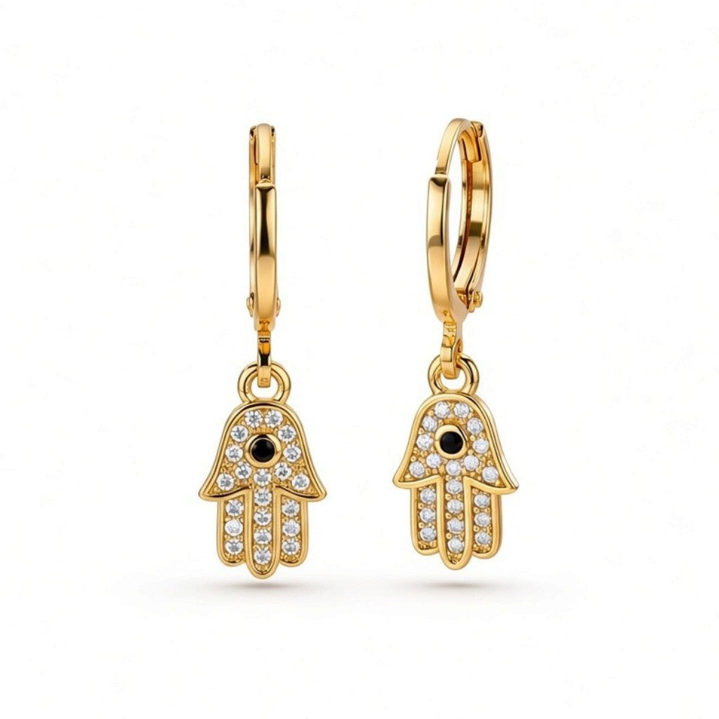 Gold stainless steel hoop earrings with crystal Hamsa hand charms and black center stones.