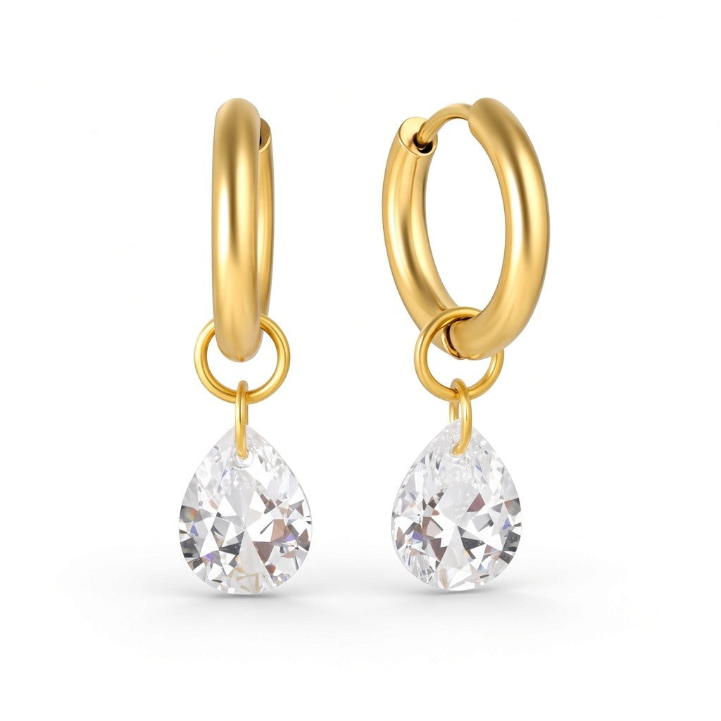 Gold stainless steel hoop earrings with clear faceted teardrop crystal charms.