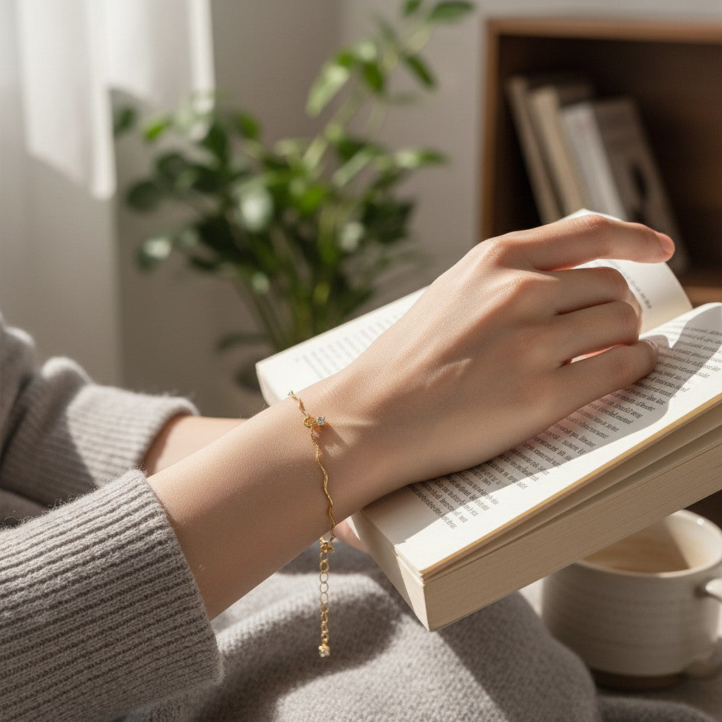 Hand holding an open book with a cozy indoor setting, including a plant and a cup.