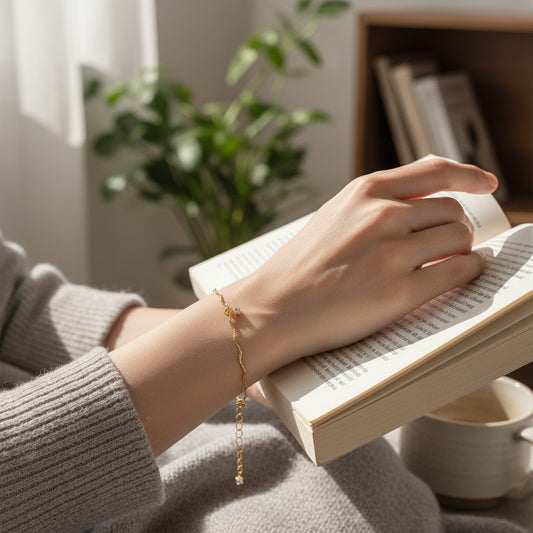 Hand holding an open book with a cozy indoor setting, including a plant and a cup.