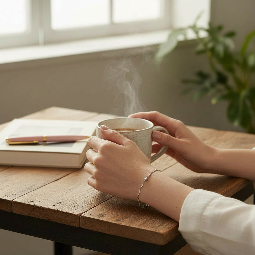 Person holding a steaming cup of coffee on a wooden table with a book and pen.