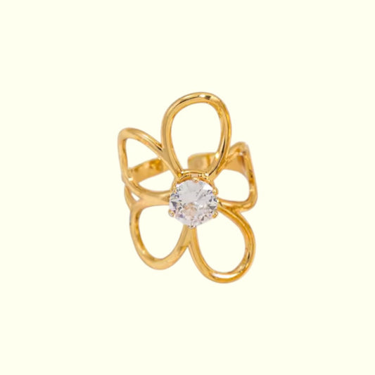 Gold flower-shaped ring with a central gemstone on a white background