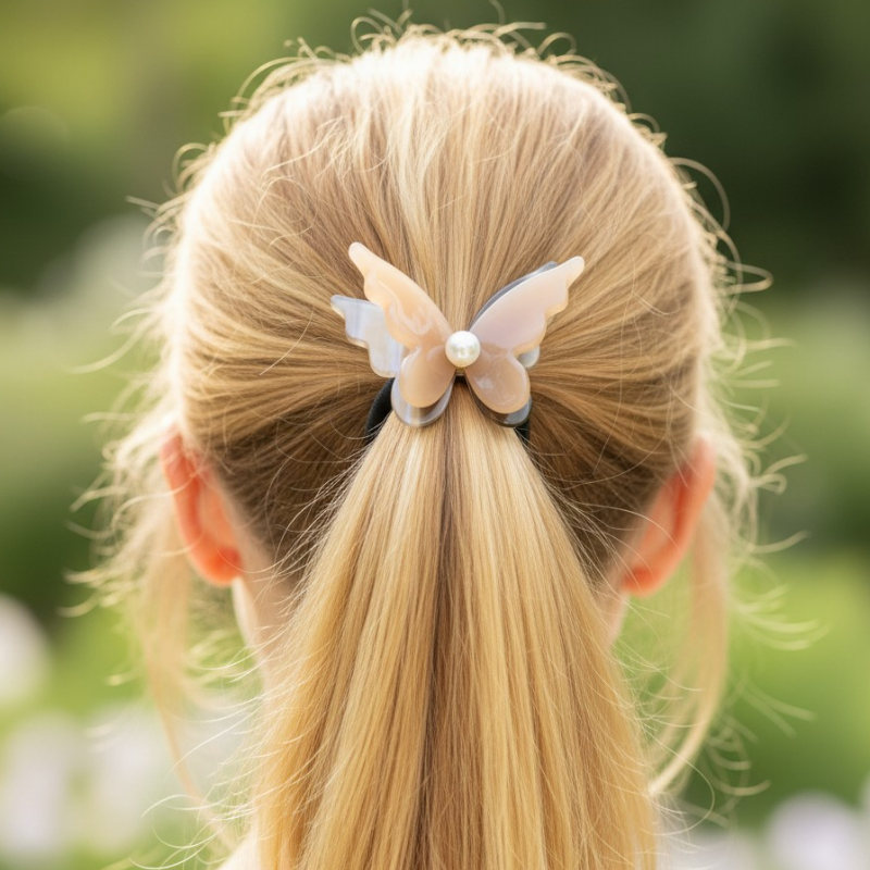 Blonde hair tied back with a decorative butterfly hair clip against a blurred green background