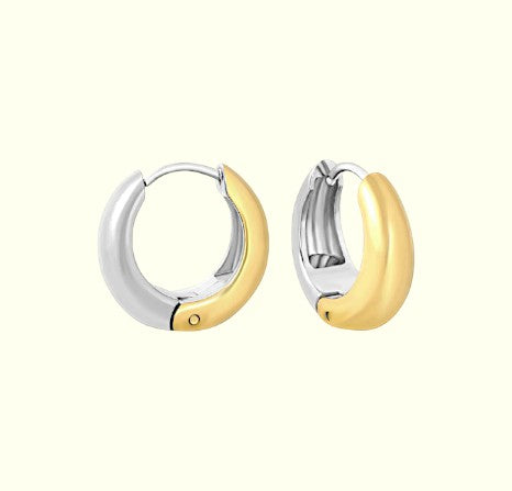 Pair of silver and gold hoop earrings on a white background