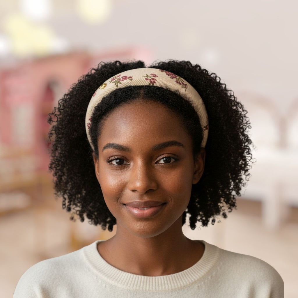 Woman wearing a floral headband with a blurred background