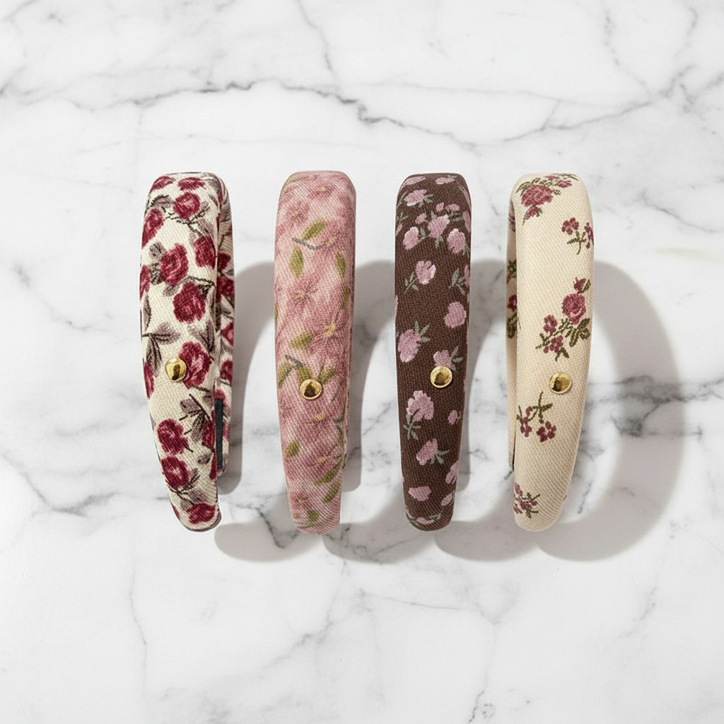 Four floral-patterned headbands on a marble background