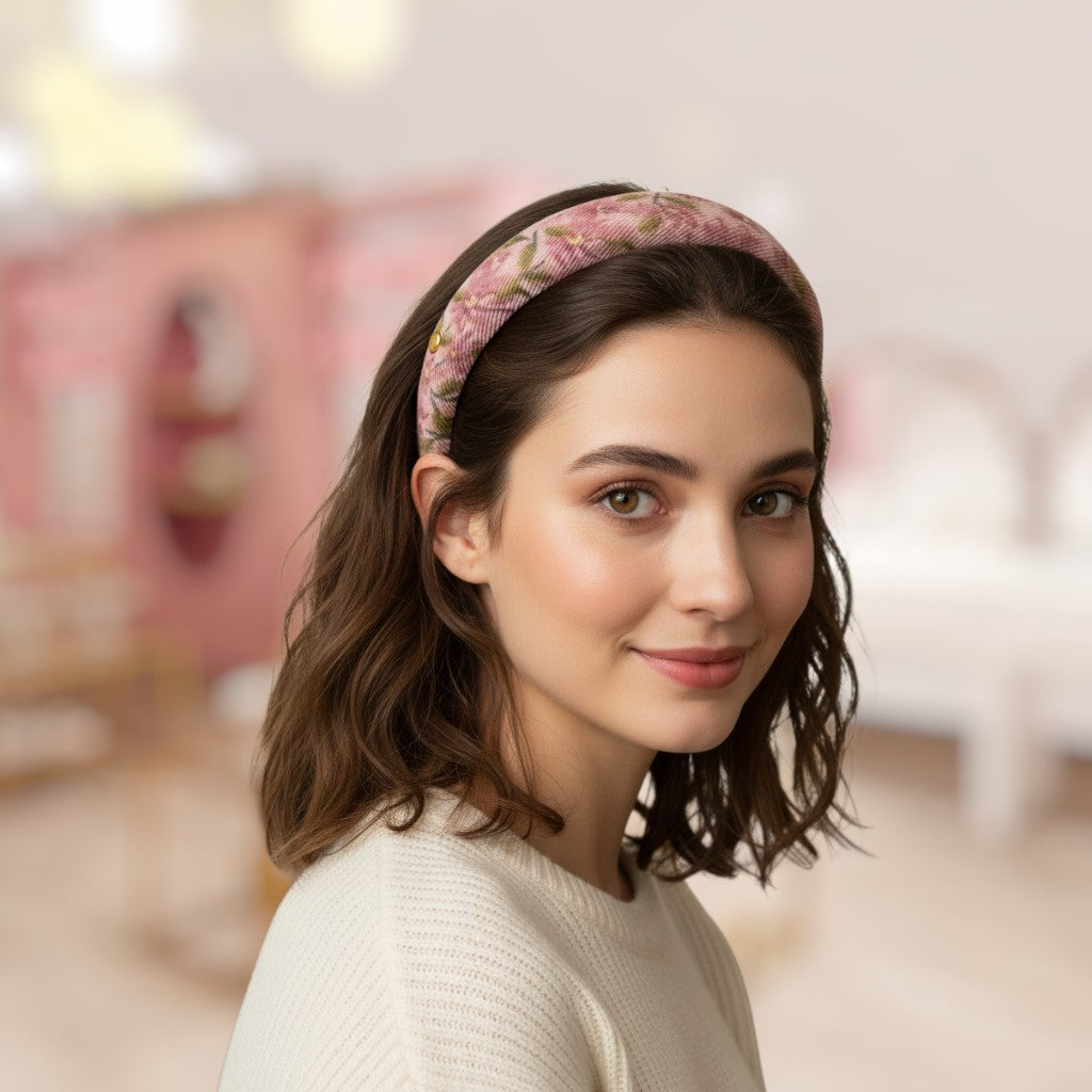 Woman wearing a floral headband with a blurred background