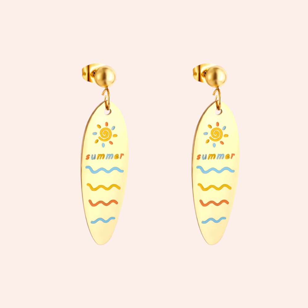 Surfboard-shaped earrings with 'summer' text and sun design on a white background