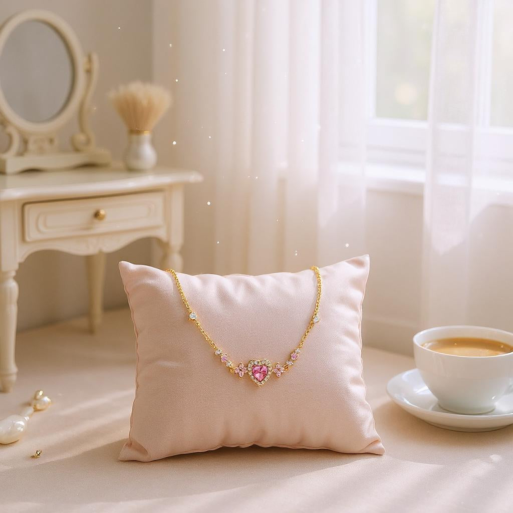 Bracelet with a heart-shaped pink gem on a pillow next to a cup of coffee in a softly lit room.