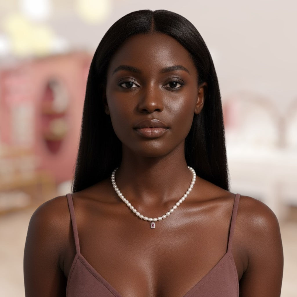 Woman wearing a pearl necklace against a blurred background