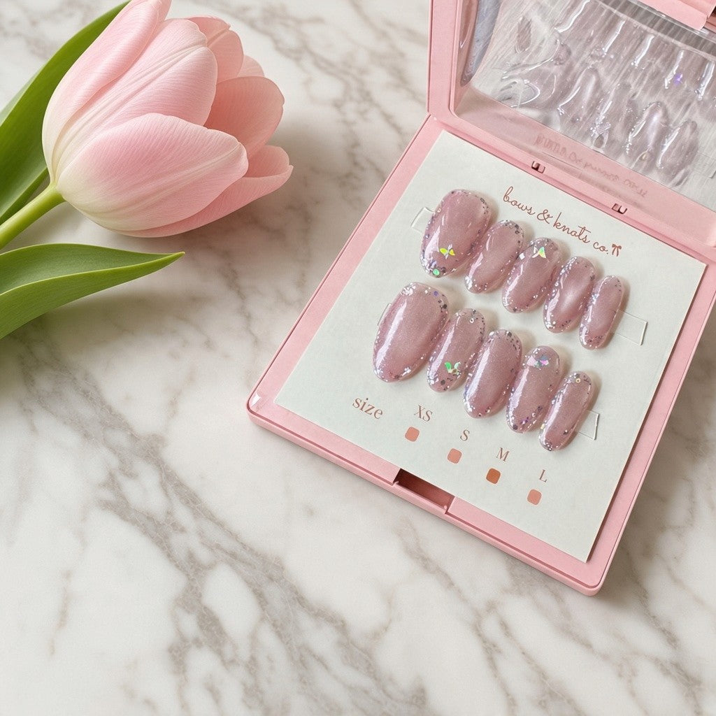 Handmade sheer dusty pink press-on nails with iridescent butterfly sequins, delicate glitter accents, and glossy almond-shaped tips by Bows and Knots Co.