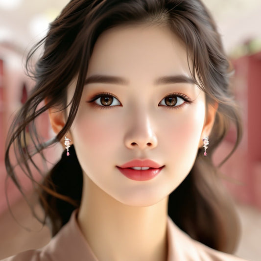 Close-up of a woman with elegant earrings against a blurred background