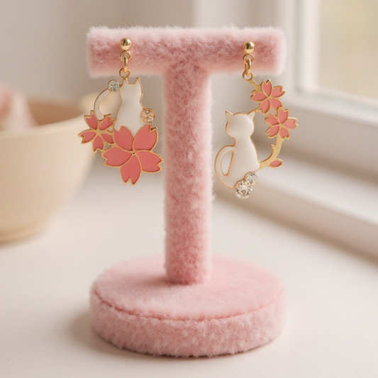 Cat-shaped earrings with pink floral designs on a pink stand.