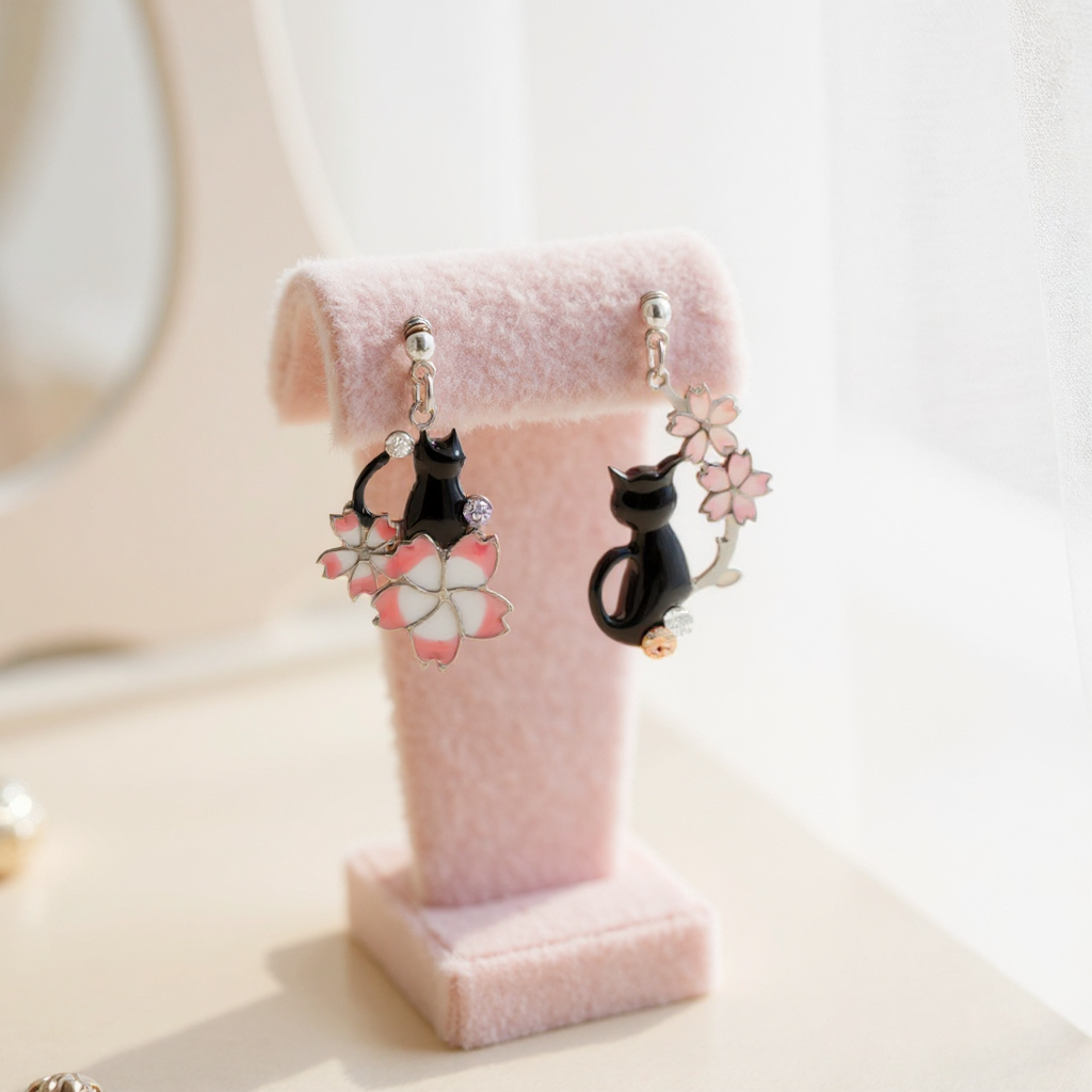 Pair of earrings with black cat and pink flower design on a pink stand.