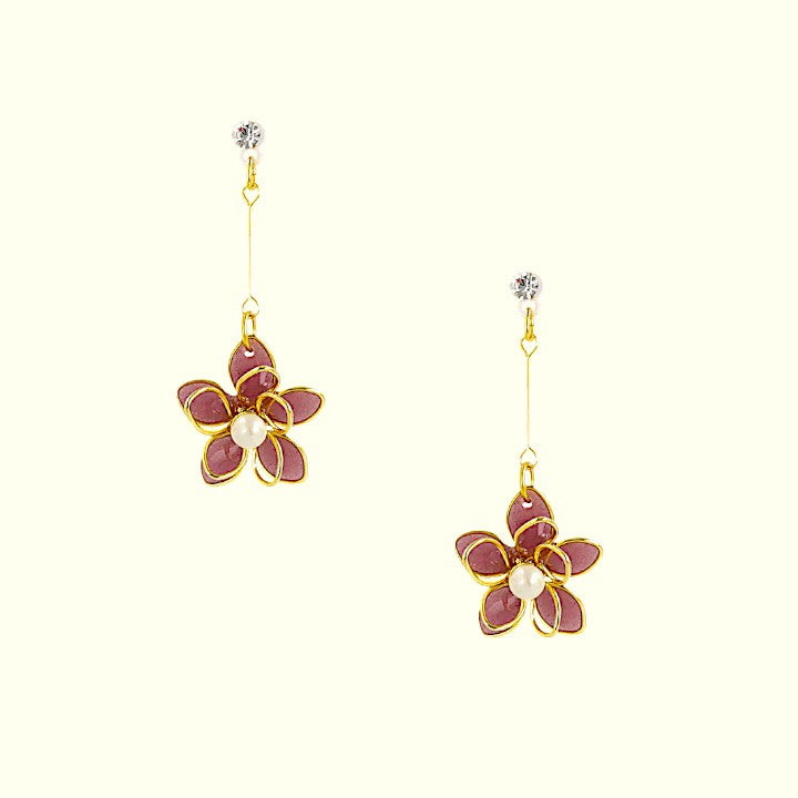 Flower-shaped earrings with pink petals and a pearl center on a white background