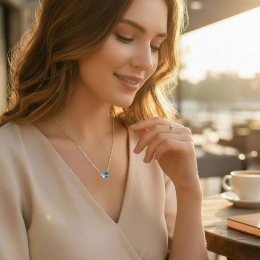 Woman wearing a necklace with a blue pendant in a blurred outdoor setting