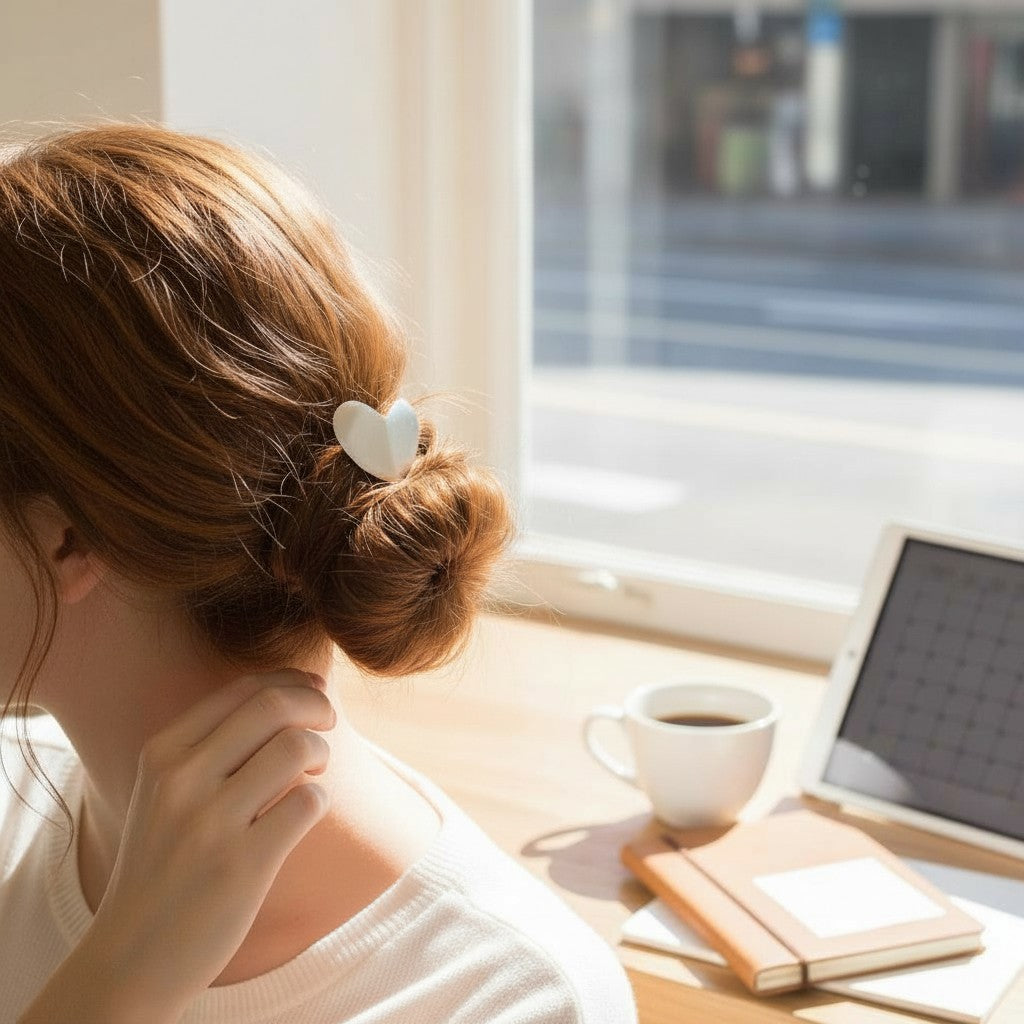 Woman sitting at a desk with a laptop and coffee, looking out a window.