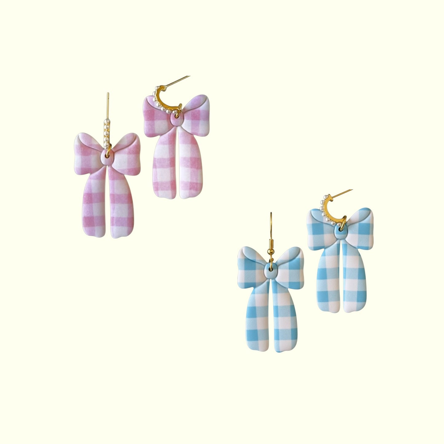 Pair of bow-shaped earrings in pink and blue checkered pattern on a white background
