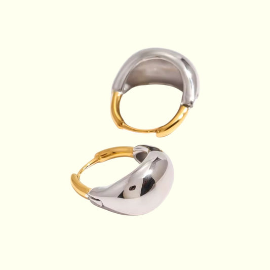 Two metallic hoop earrings, one gold and one silver, on a white background.