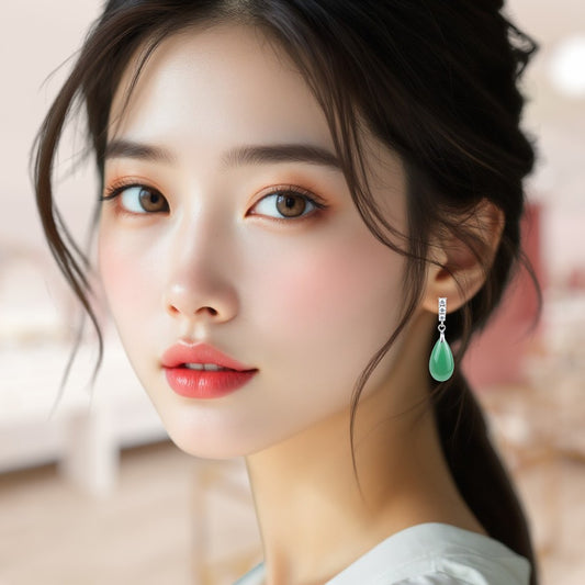 Close-up of a woman wearing a green teardrop earring with a blurred background