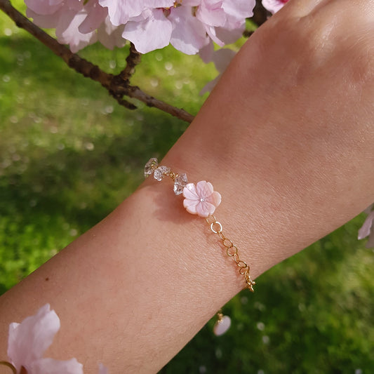 A delicate gold chain bracelet with a pink cherry blossom flower charm and clear crystal accents, shown worn on a person's wrist against a soft-focus background of green grass and pink blossoms.
