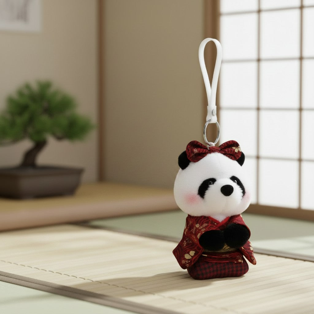 A plush panda keychain or bag charm wearing a red kimono and bow, hanging from a white plastic loop. The background shows a softly blurred indoor setting with a shoji screen and a small bonsai tree.