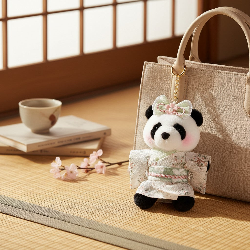 A plush panda keychain or bag charm dressed in a floral kimono with a bow sits beside a beige handbag on a tatami-style mat, with a cup and books in the background.