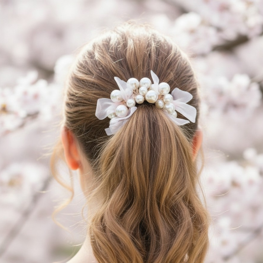 Woman with a ponytail adorned with a decorative hair clip against a blurred floral background