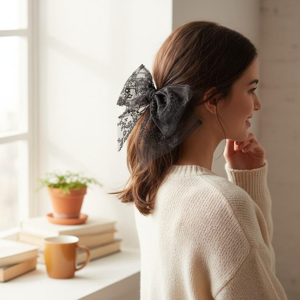 Woman with a decorative hair bow in a cozy indoor setting