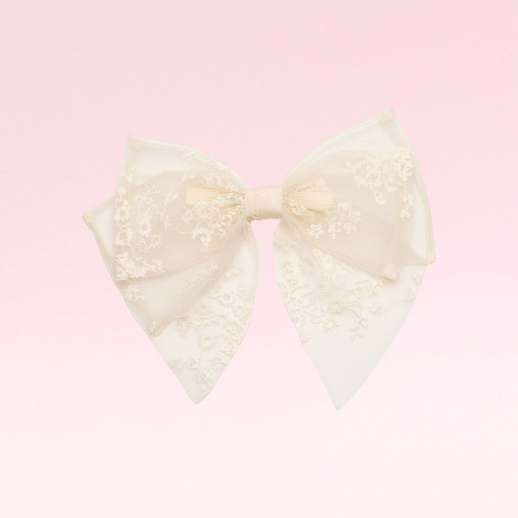 Large decorative bow with lace details on a pink background