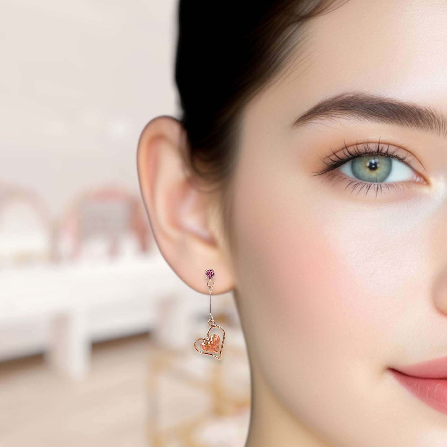 Close-up of a woman wearing a heart-shaped earring with a purple gemstone.