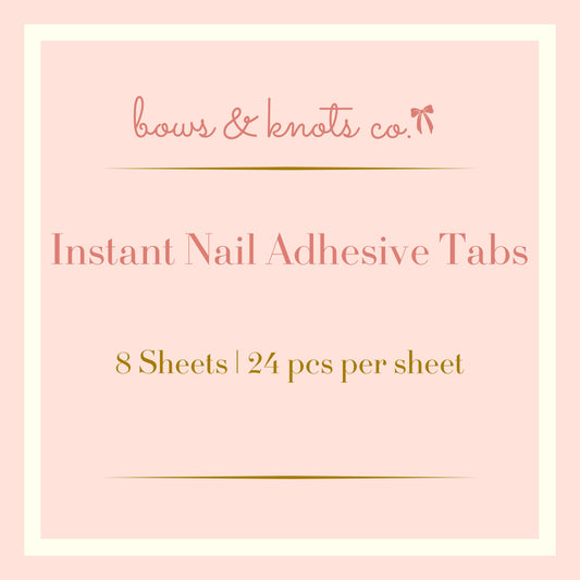 Product packaging for Instant Nail Adhesive Tabs by bows & knots co. on a pink background.
