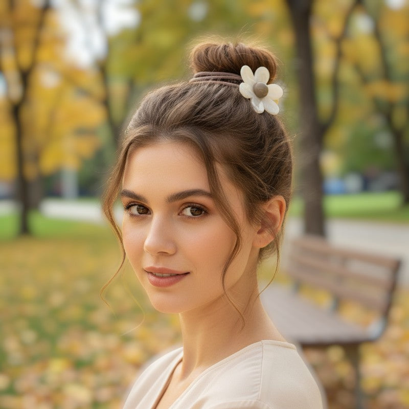 Woman with a floral hair clip in an outdoor setting with trees and a bench.