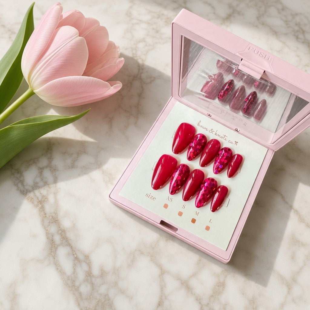 Glossy raspberry pink handmade press-on nails with vibrant fuchsia glitter accents and almond-shaped tips, presented in a pink nail case by Bows and Knots Co.